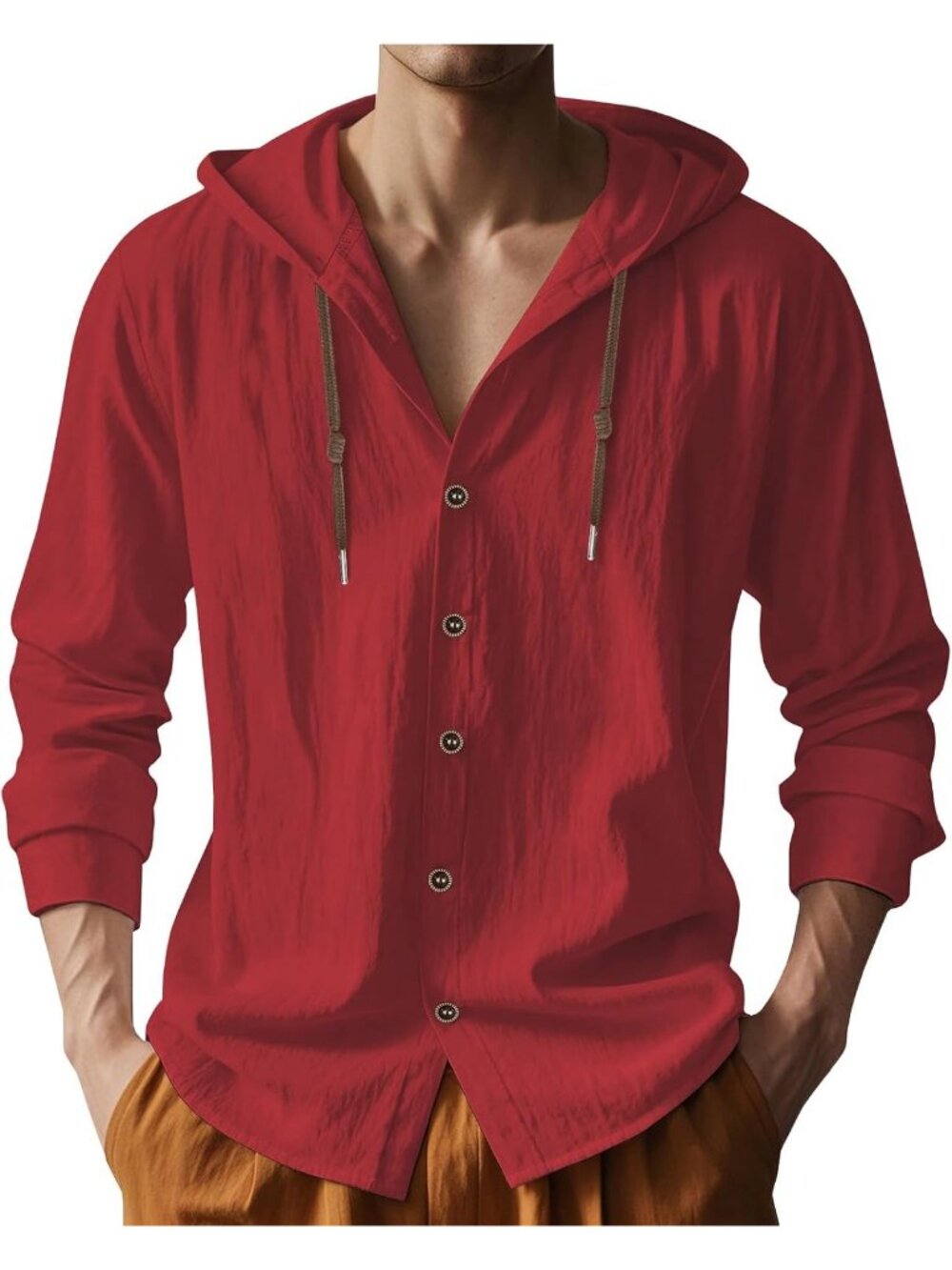 Men's Red Cotton Linen Long Sleeve Top Casual Lightweight Button Down Hoodie